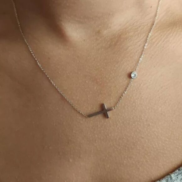 Gold Sideways Cross Necklace Cubic Zirconia Charm - Picture 7 of 8